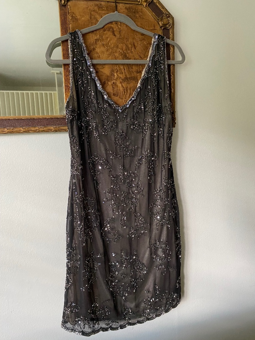 y2k J Kara Dark Grey Beaded Mini Dress Gatsby Glam Party Dress Size 10